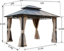 EROMMY 10' x 12' Iron Gazebo Hardtop Double Roof w/ Anti-Rust Coating Frame, Waterproof Curtains & Netting-Erommy